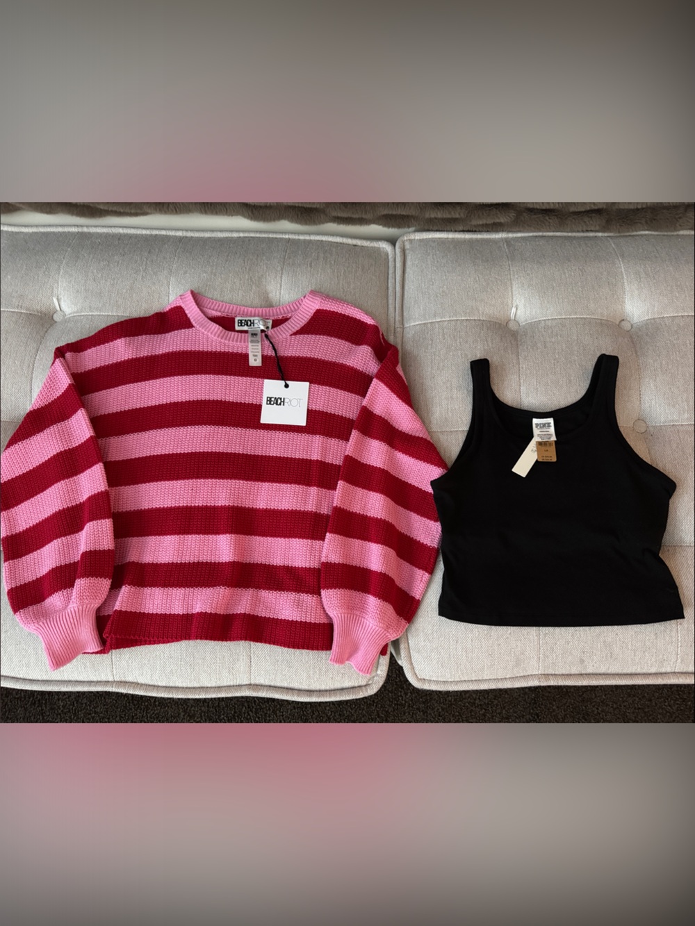 Beach Riot Striped Pink & Red Knit Sweater V.S Pink black tank top built in bra